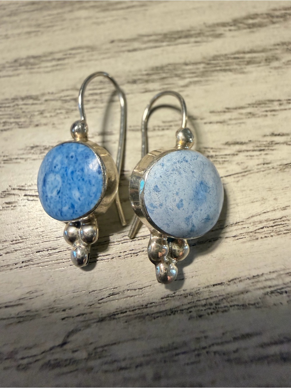 Blue Round Stone Drop Earrings - Silver Accents